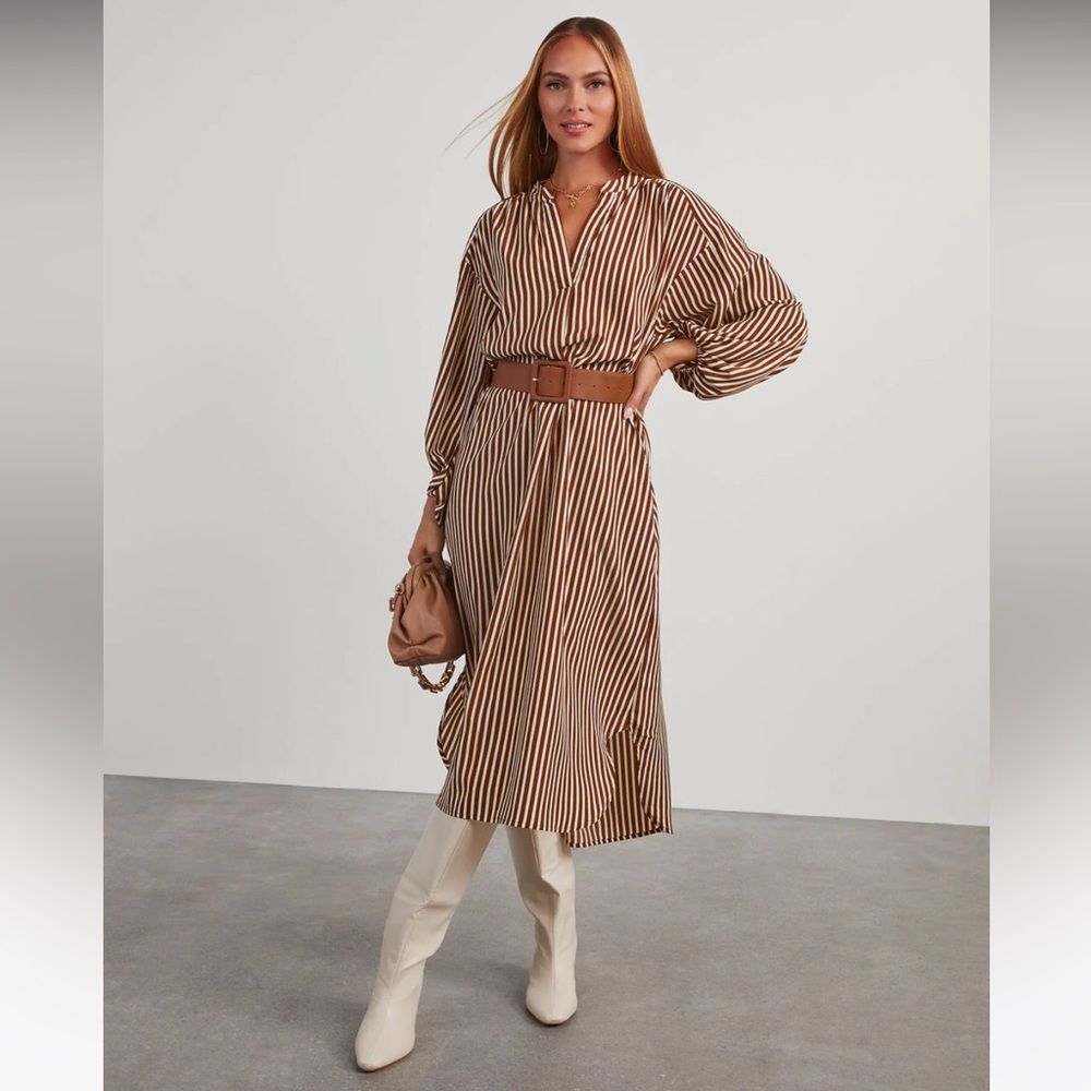 DiMarco Striped Brown and White Belted Midi Dress - Picture 4 of 6